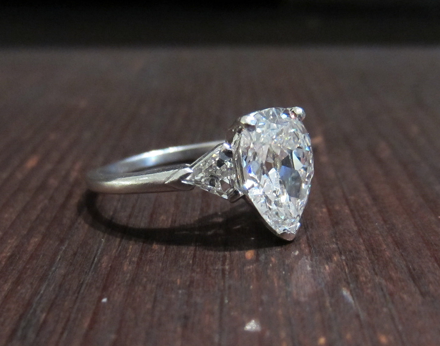 SOLD--Late Art Deco Pear Cut Diamond 2.41ct FVS1 Engagement Ring Platinum c. 1940