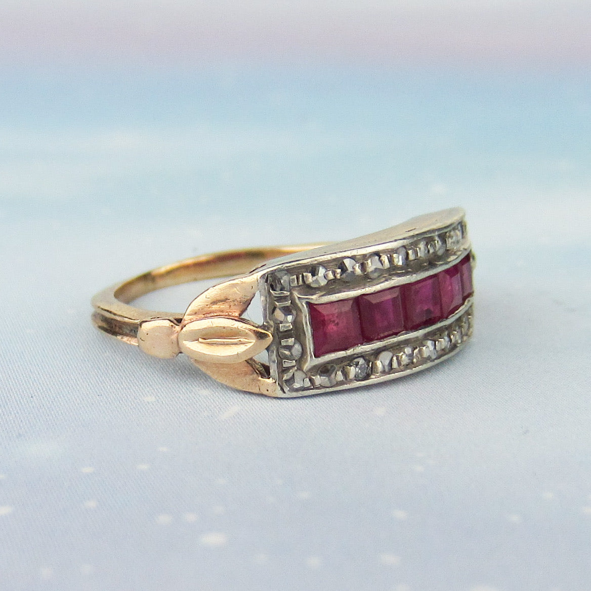 SOLD--Art Deco Square Cut Ruby and Rose Cut Diamond Ring Silver/14k c. 1940