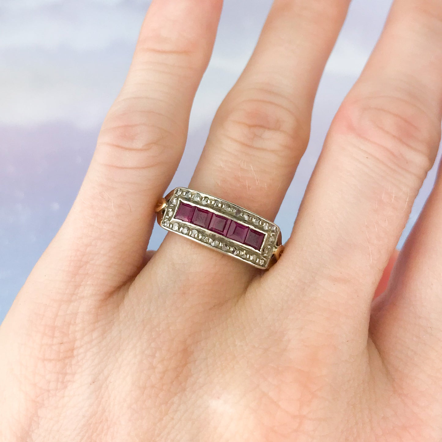 SOLD--Art Deco Square Cut Ruby and Rose Cut Diamond Ring Silver/14k c. 1940