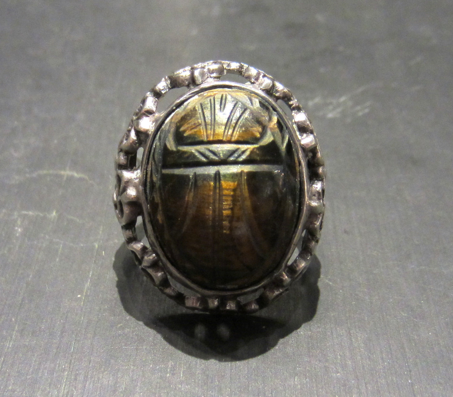 Art Deco Egyptian Revival Tiger's Eye Scarab Ring 800 Silver c. 1925--SOLD
