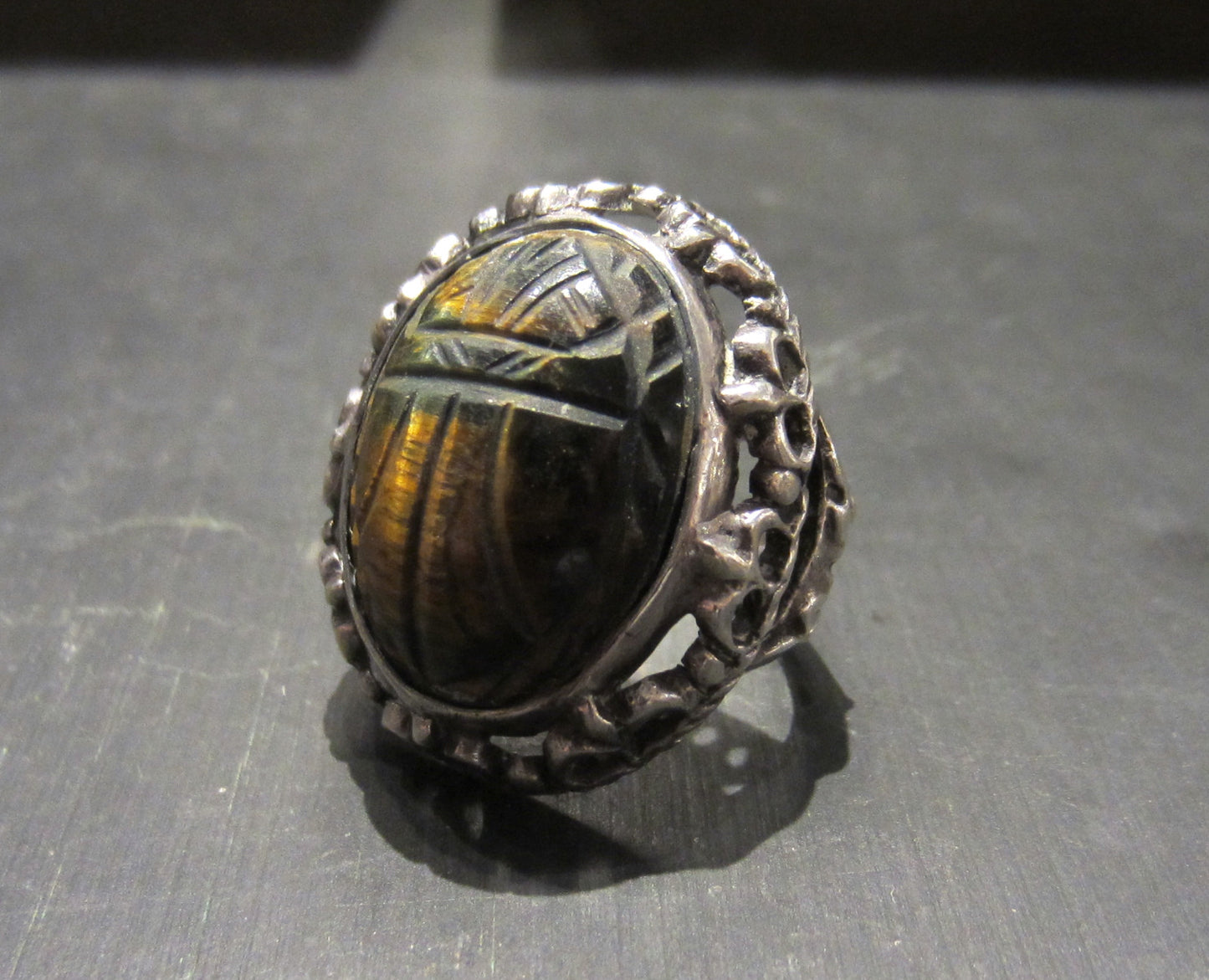 Art Deco Egyptian Revival Tiger's Eye Scarab Ring 800 Silver c. 1925--SOLD