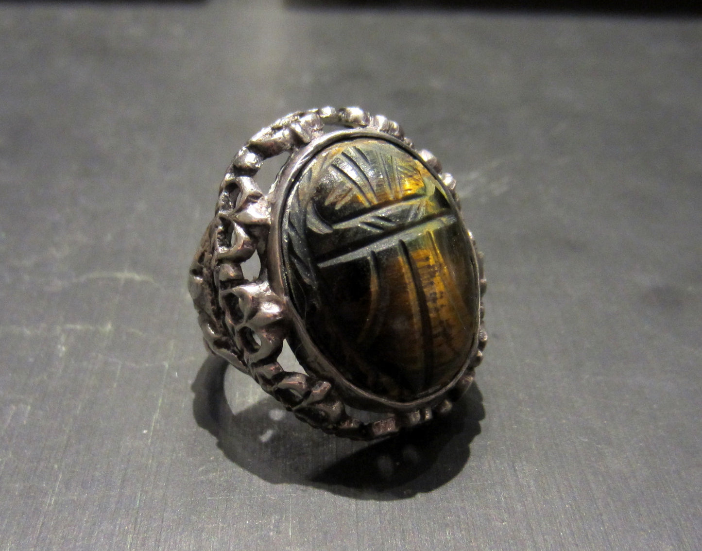 Art Deco Egyptian Revival Tiger's Eye Scarab Ring 800 Silver c. 1925--SOLD