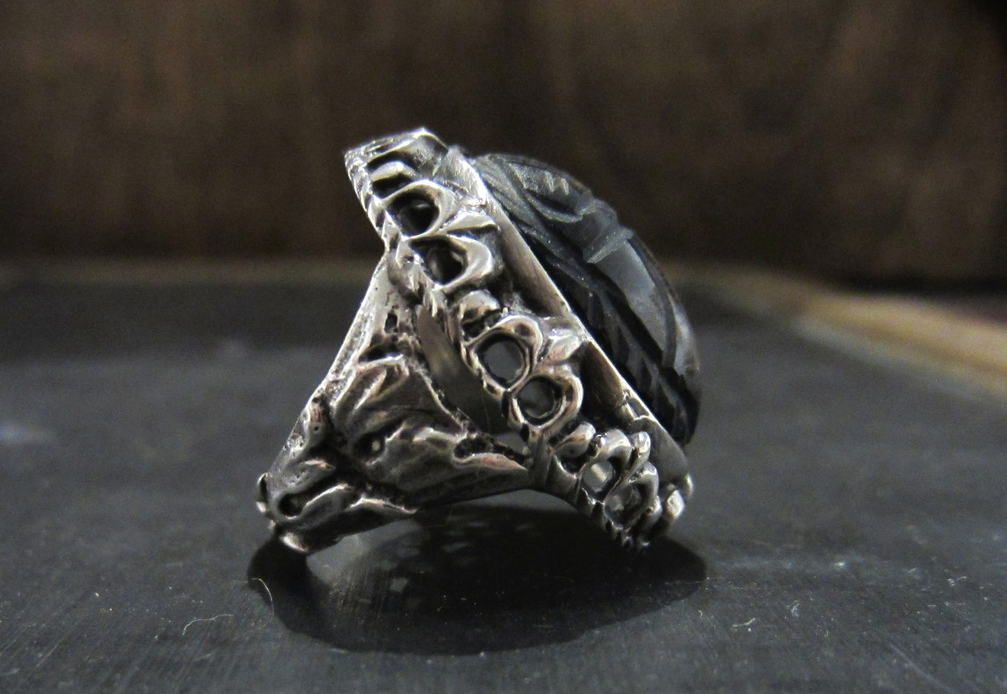 Art Deco Egyptian Revival Tiger's Eye Scarab Ring 800 Silver c. 1925--SOLD