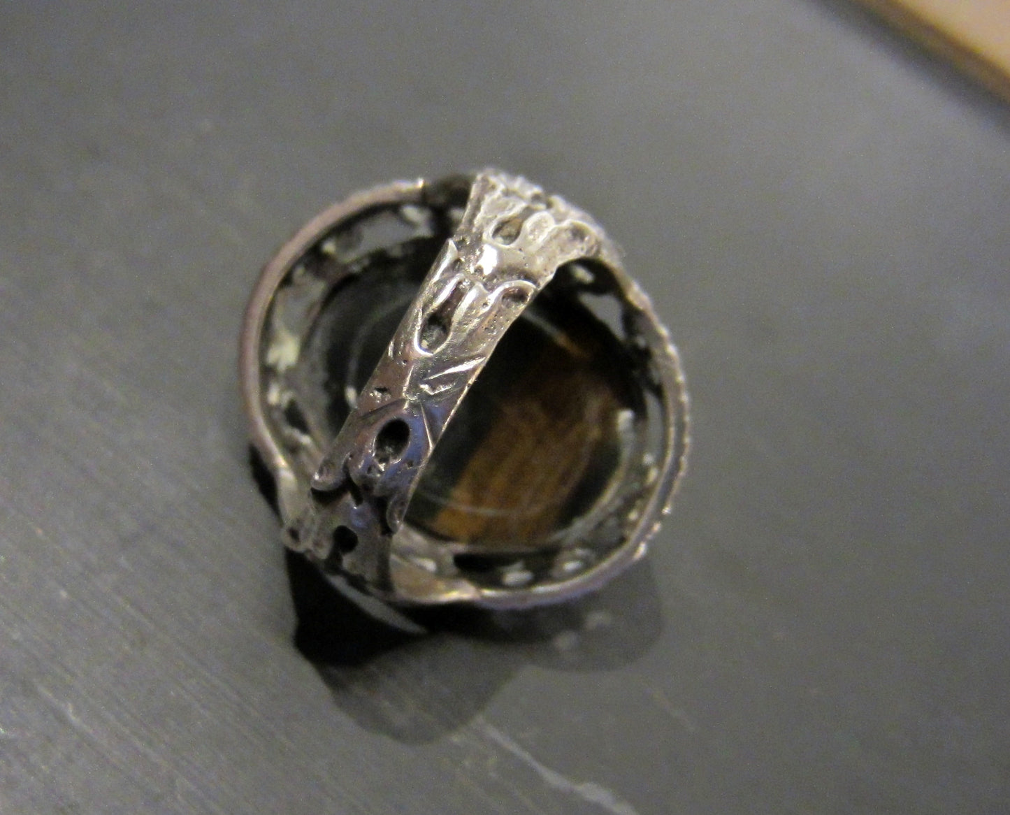 Art Deco Egyptian Revival Tiger's Eye Scarab Ring 800 Silver c. 1925--SOLD