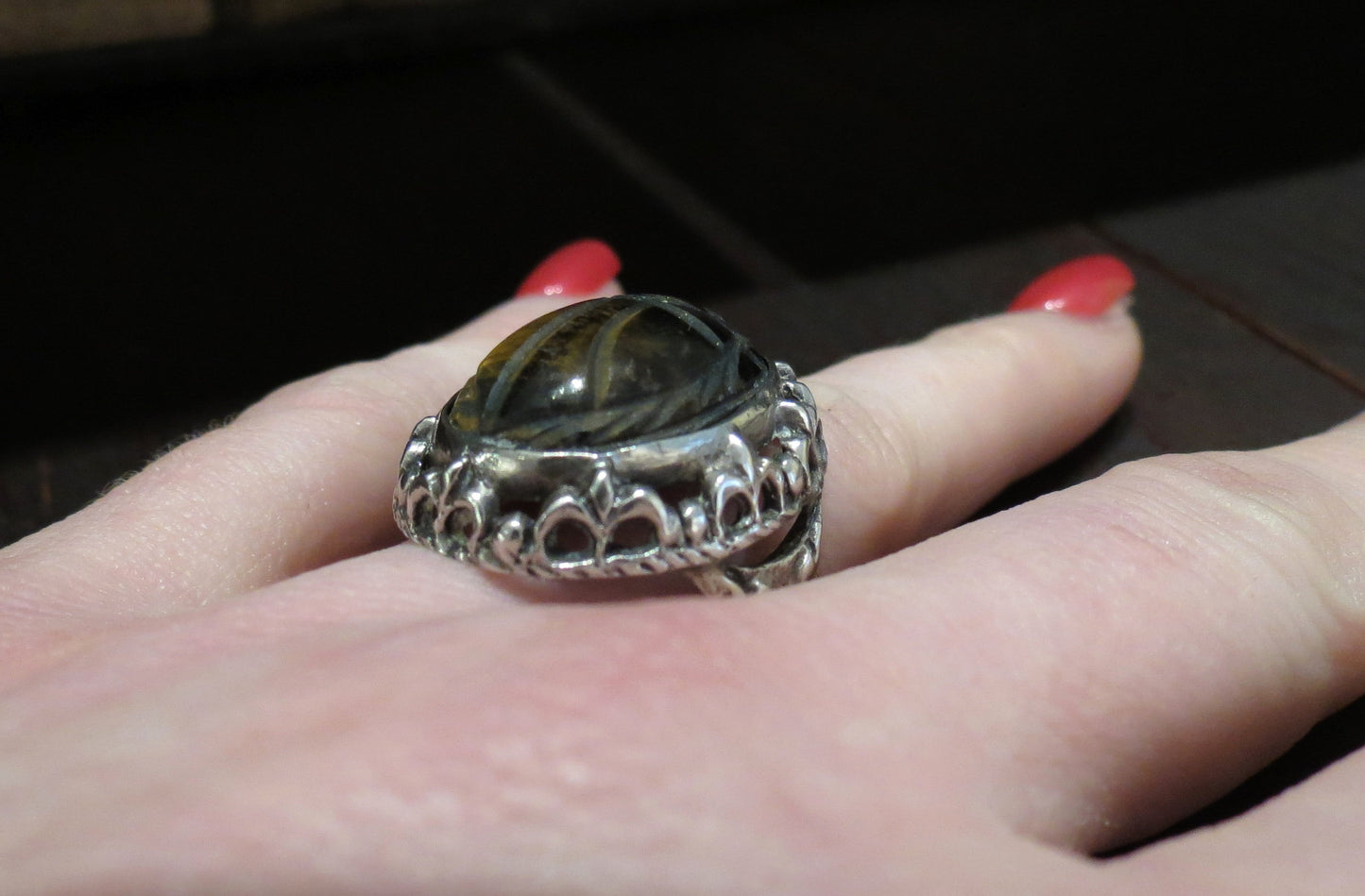 Art Deco Egyptian Revival Tiger's Eye Scarab Ring 800 Silver c. 1925--SOLD