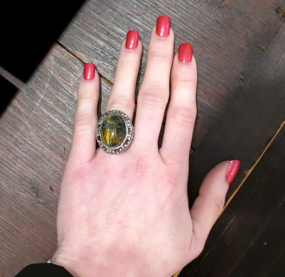 Art Deco Egyptian Revival Tiger's Eye Scarab Ring 800 Silver c. 1925--SOLD