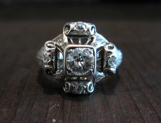 Art Deco Old European Diamond .33ct Scroll Side Ring Platinum, c. 1920