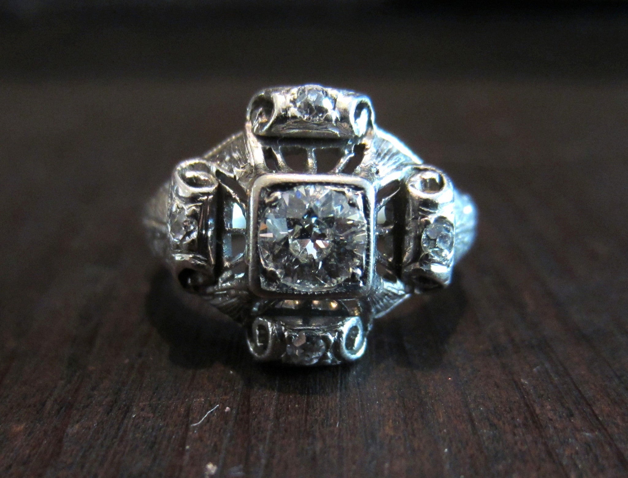 SOLD - Deco Old European Diamond .33ct Scroll Side Ring Platinum, c. 1920