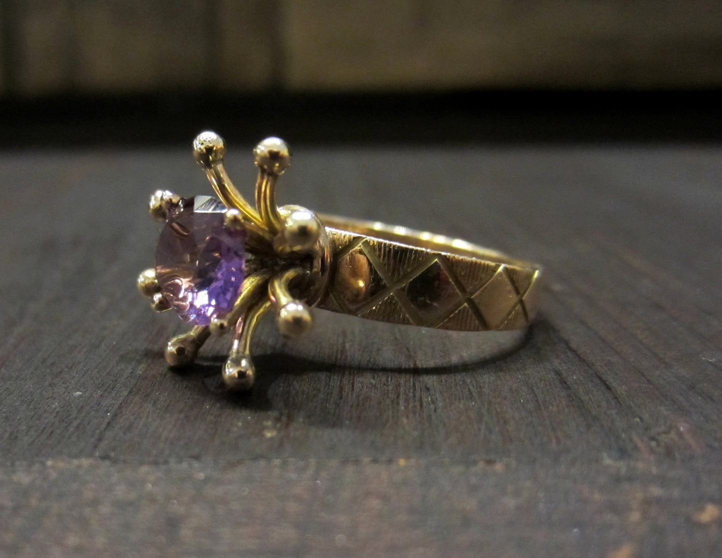 SOLD--Mid-Century Modernist Amethyst Spray Ring 14k, c. 1960