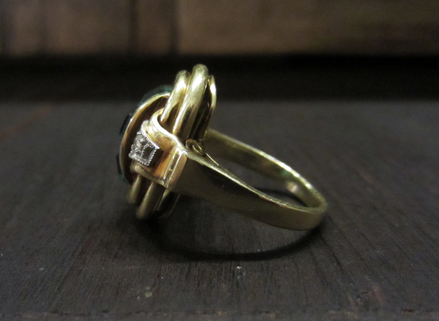 SOLD--Retro Tourmaline and Diamond Ring 14k c. 1940