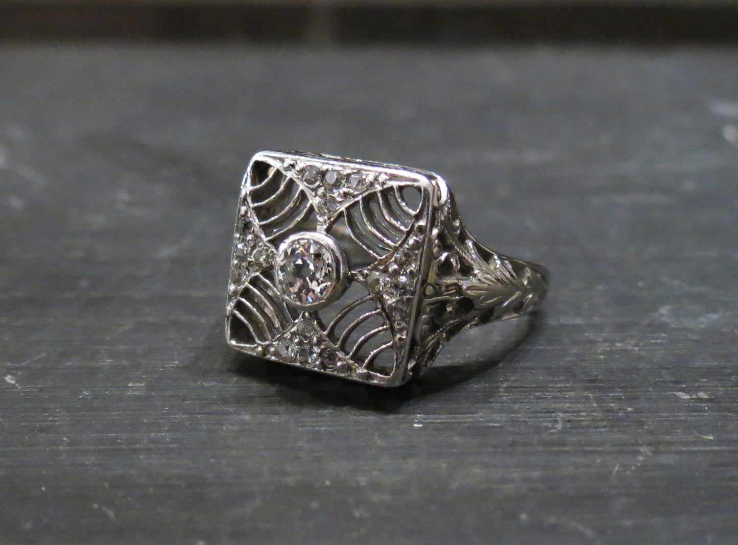 SOLD--Art Deco Old European Diamond Square Filigree Ring 18k c. 1920