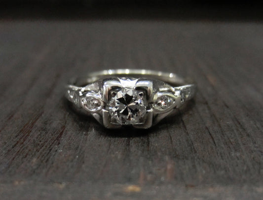 SOLD--Art Deco Old European .30ct Geometric Engagement Ring 14k c. 1930