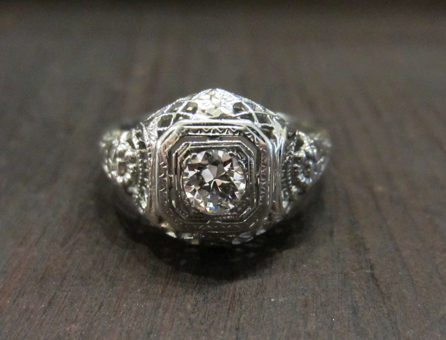 SOLD--Art Deco Old European .30ct Diamond Filigree Engagement Ring 18k c. 1920