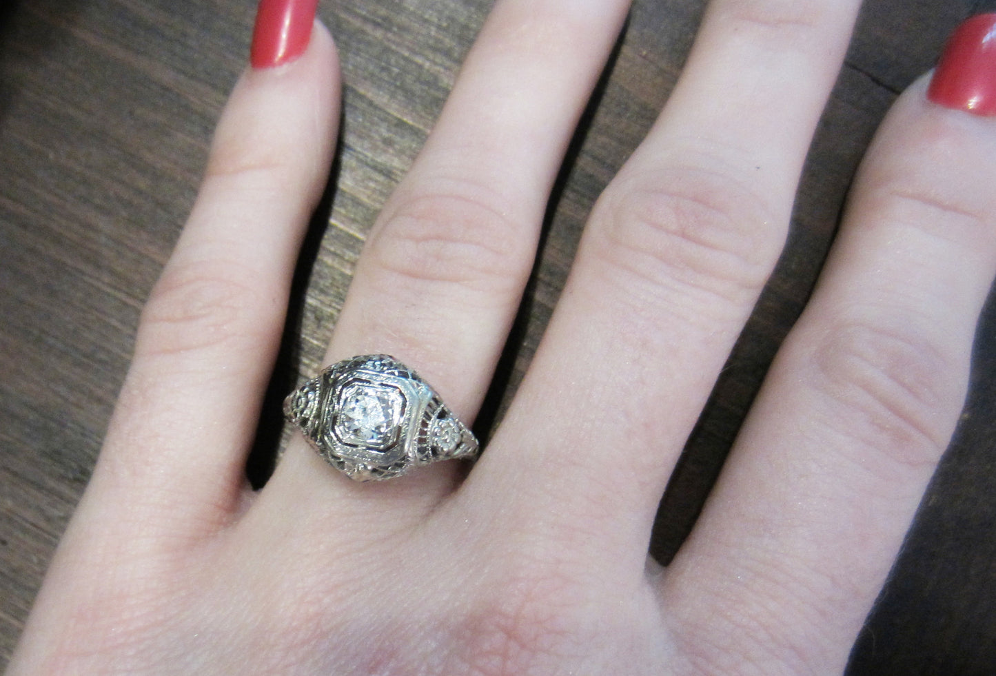 SOLD--Art Deco Old European .30ct Diamond Filigree Engagement Ring 18k c. 1920