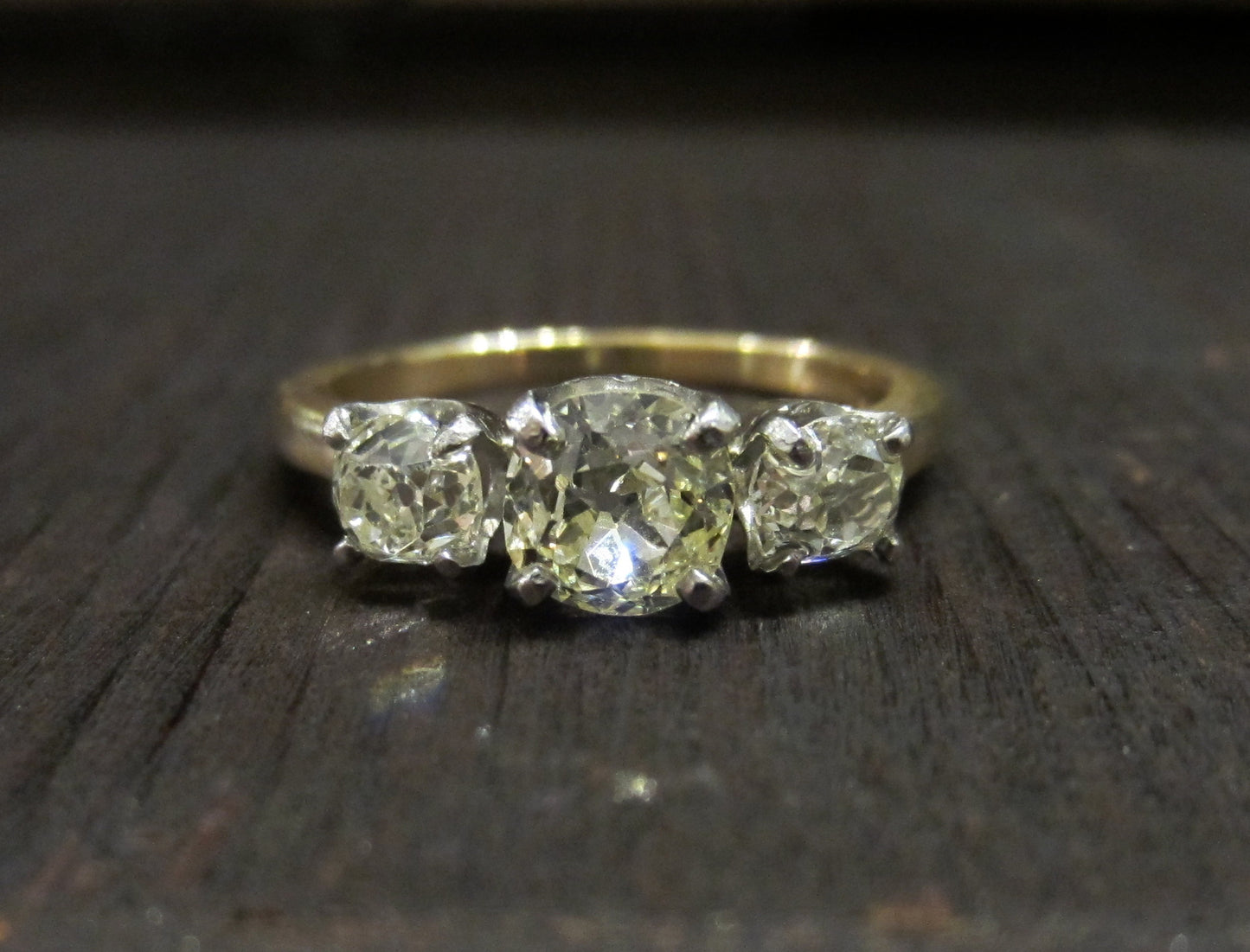 SOLD--Edwardian Old Mine Diamond Three Stone Trilogy Ring 14k c. 1900