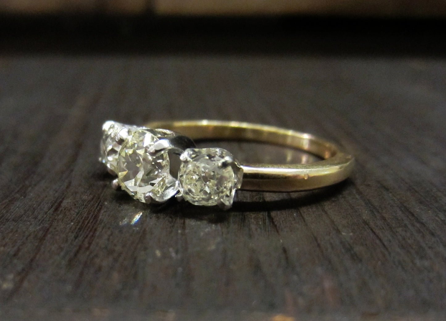 SOLD--Edwardian Old Mine Diamond Three Stone Trilogy Ring 14k c. 1900