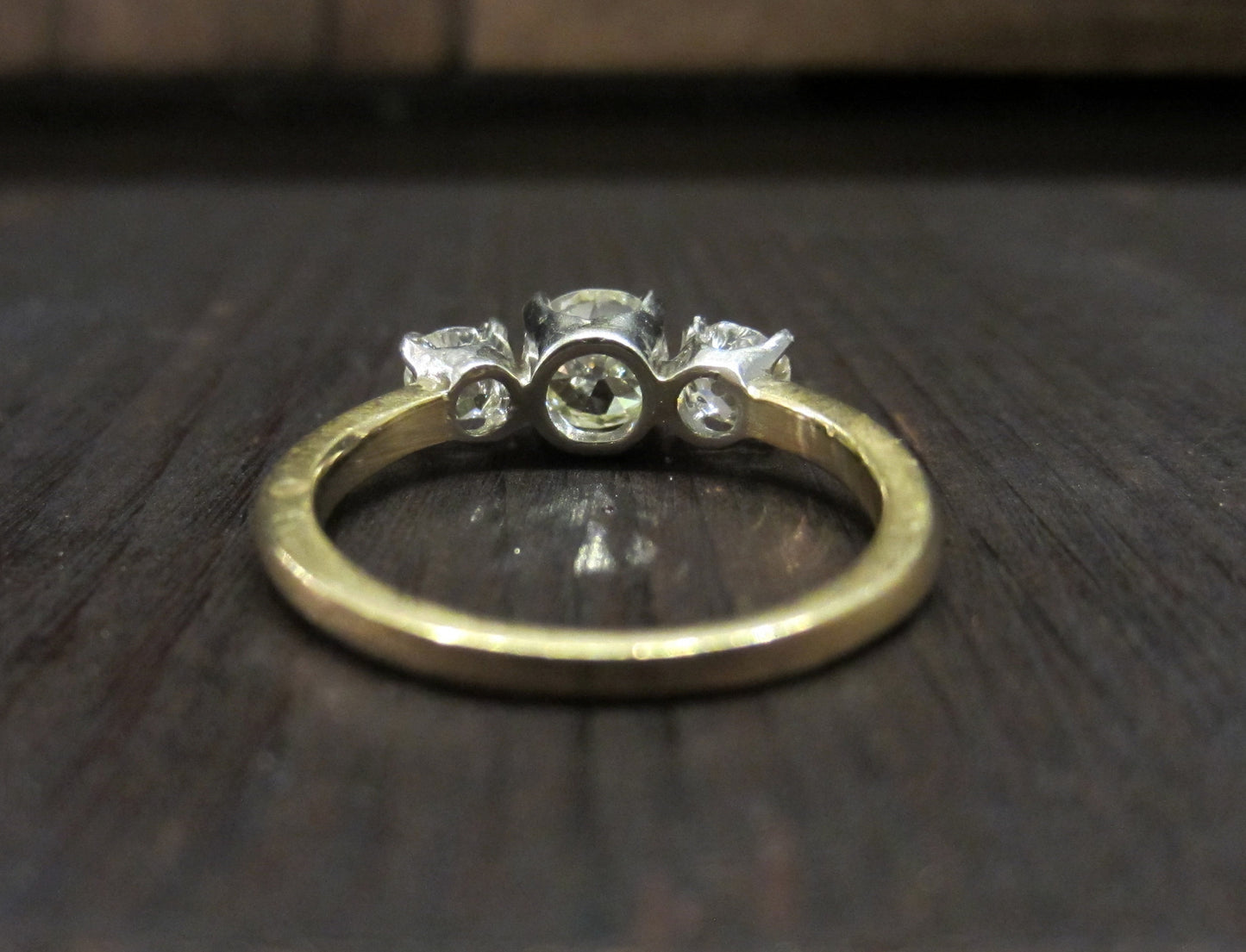 SOLD--Edwardian Old Mine Diamond Three Stone Trilogy Ring 14k c. 1900