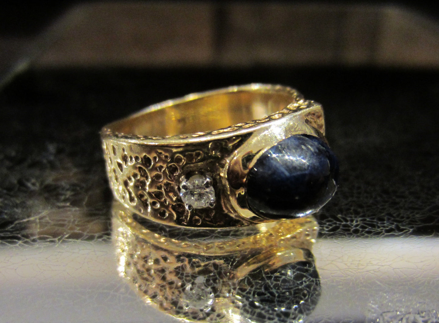 SOLD--Mid-Century Modernist Cabochon Sapphire and Diamond Ring 14k c. 1970