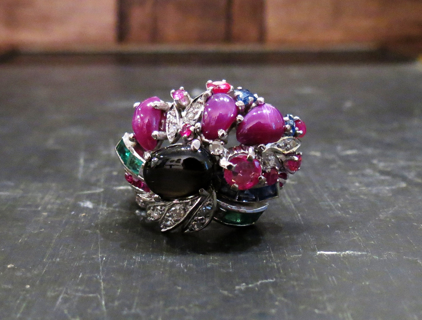 SOLD--Mid-Century Tutti Frutti Multi-Gemstone Ring in 18k c. 1950