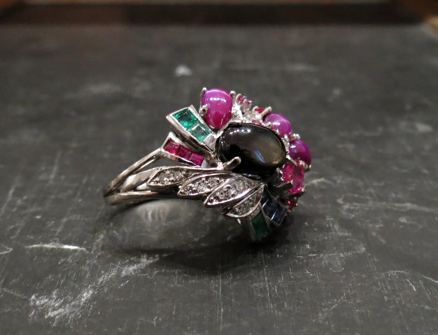 SOLD--Mid-Century Tutti Frutti Multi-Gemstone Ring in 18k c. 1950