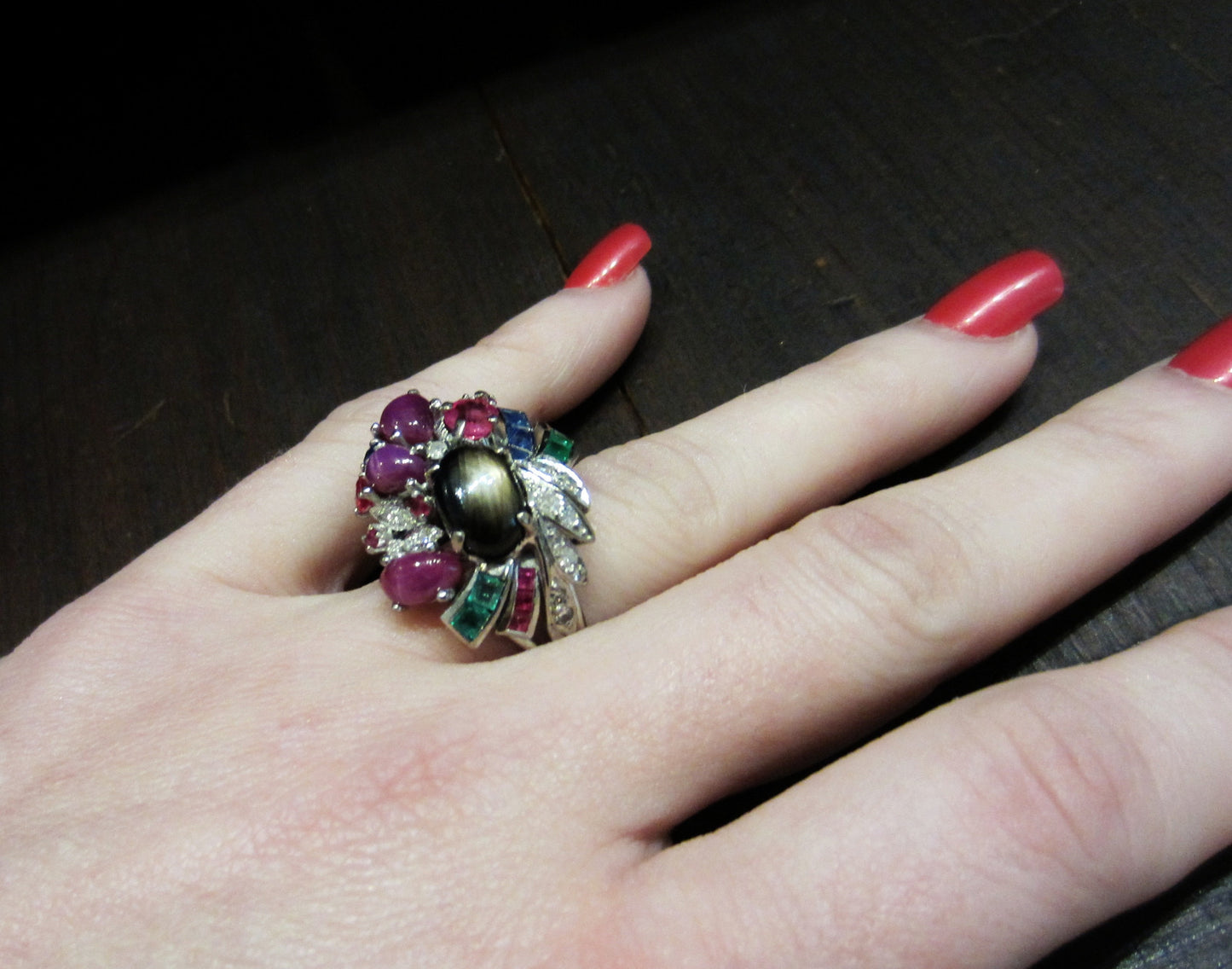 SOLD--Mid-Century Tutti Frutti Multi-Gemstone Ring in 18k c. 1950