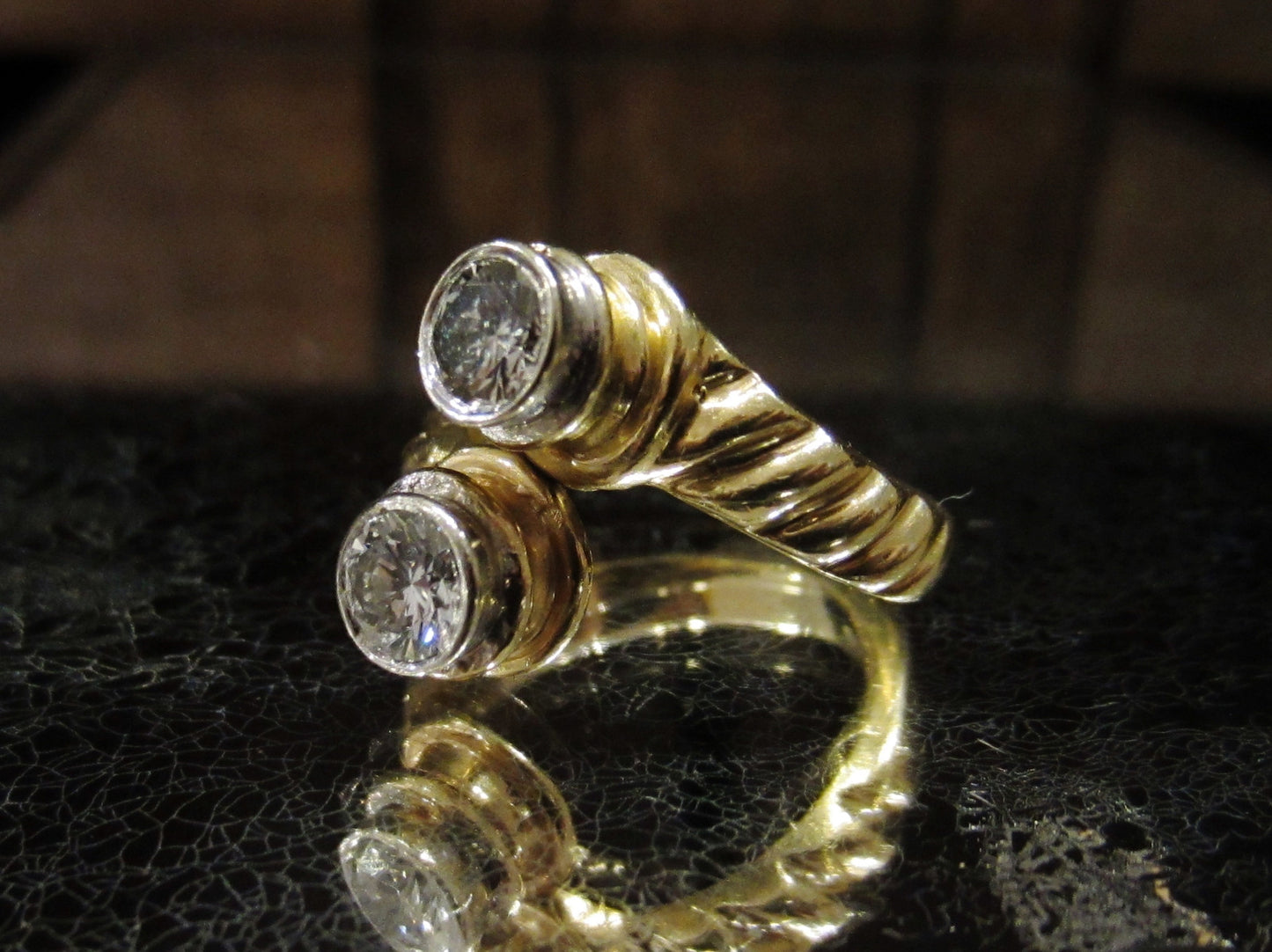 SOLD--Mid-Century Modernist Diamond Bypass Ring 14k c. 1970