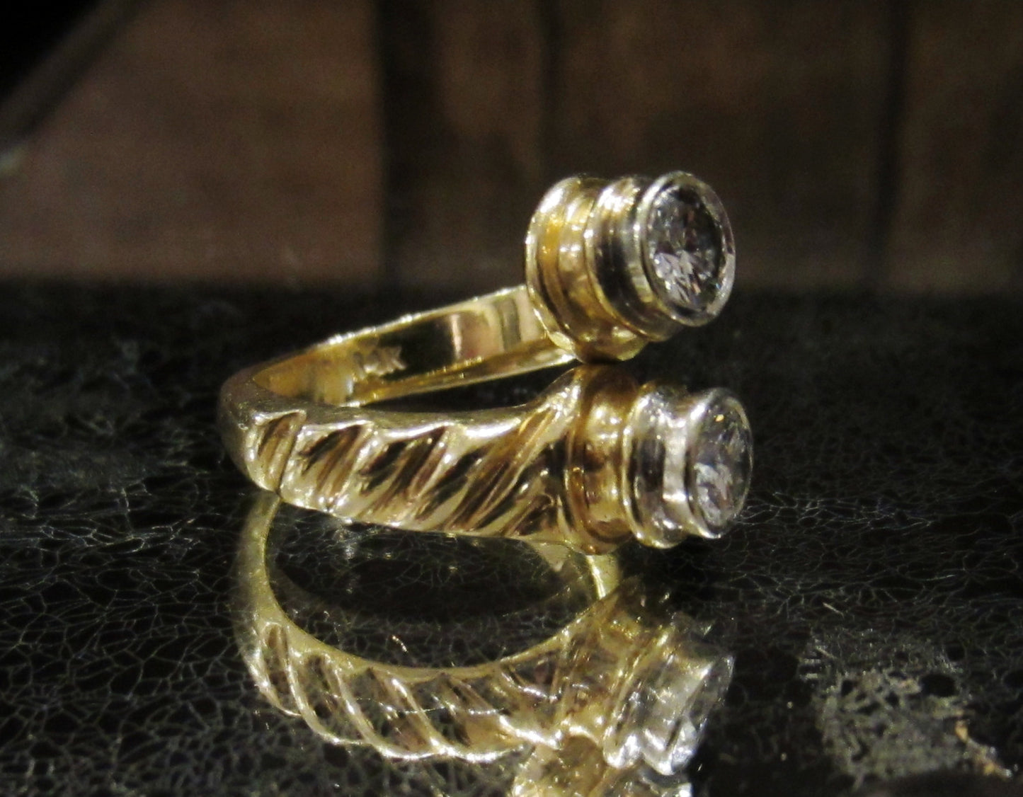 SOLD--Mid-Century Modernist Diamond Bypass Ring 14k c. 1970