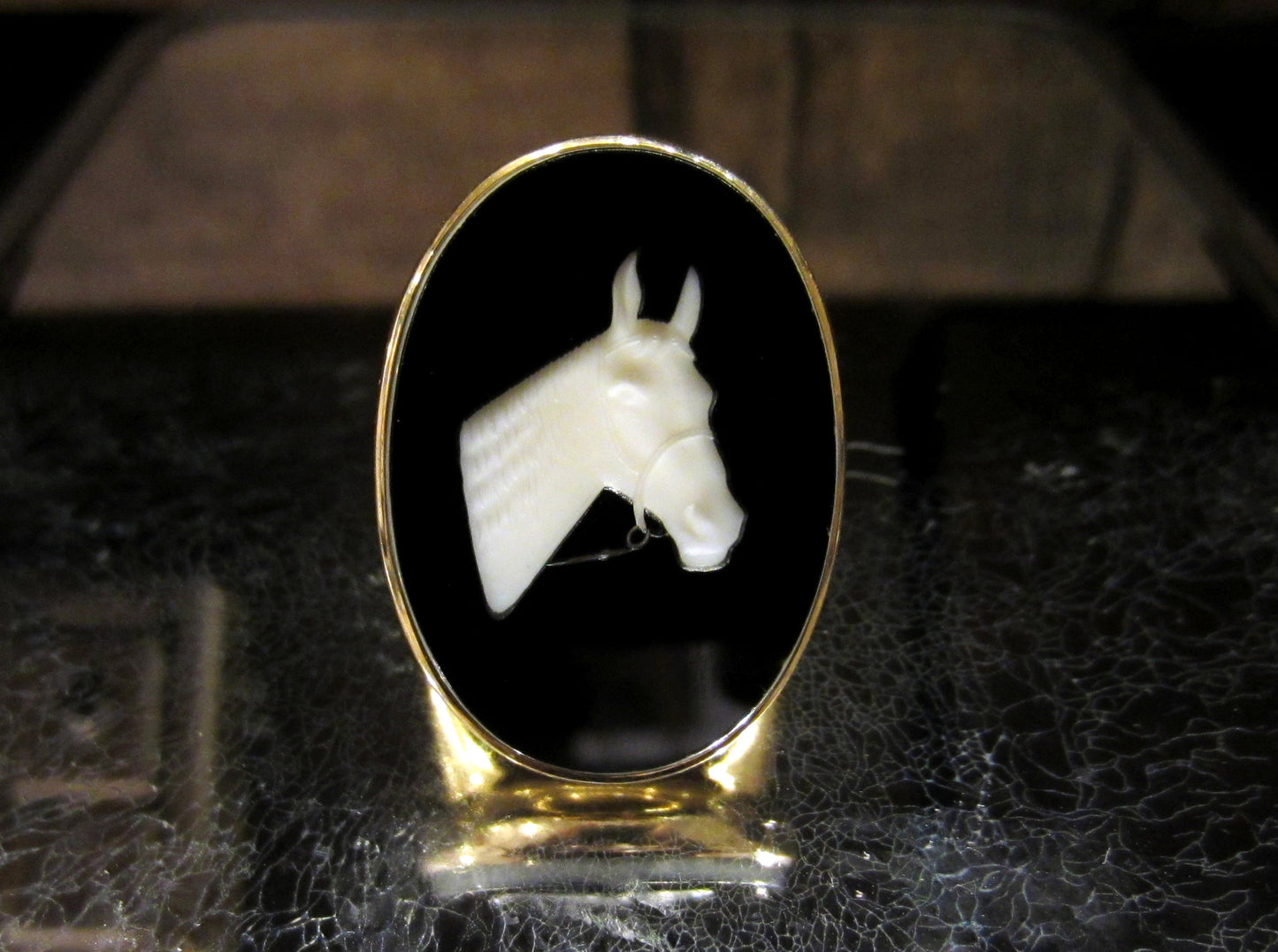 SOLD---Art Deco Onyx Horse Intaglio Ring 14k c. 1930