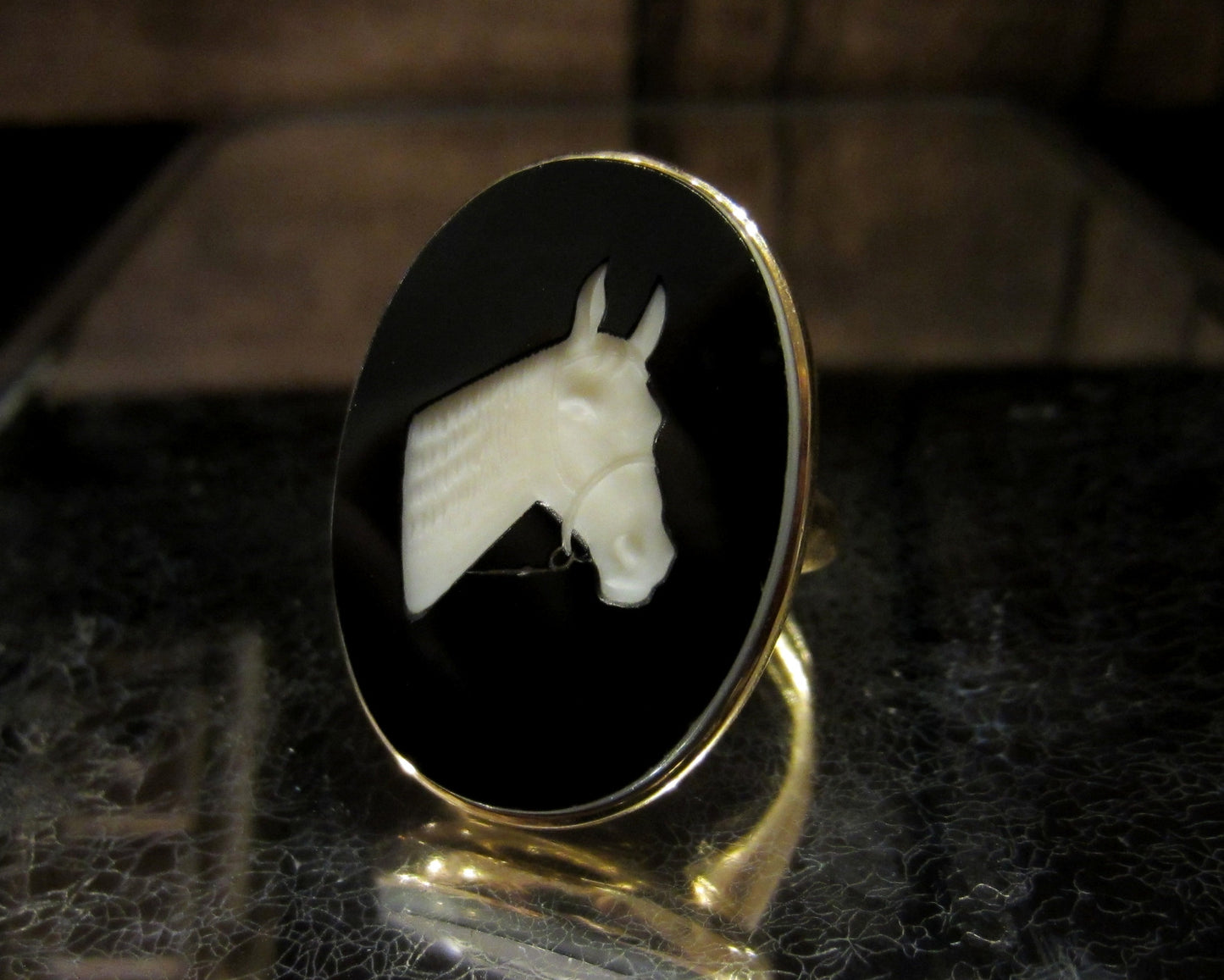 SOLD---Art Deco Onyx Horse Intaglio Ring 14k c. 1930