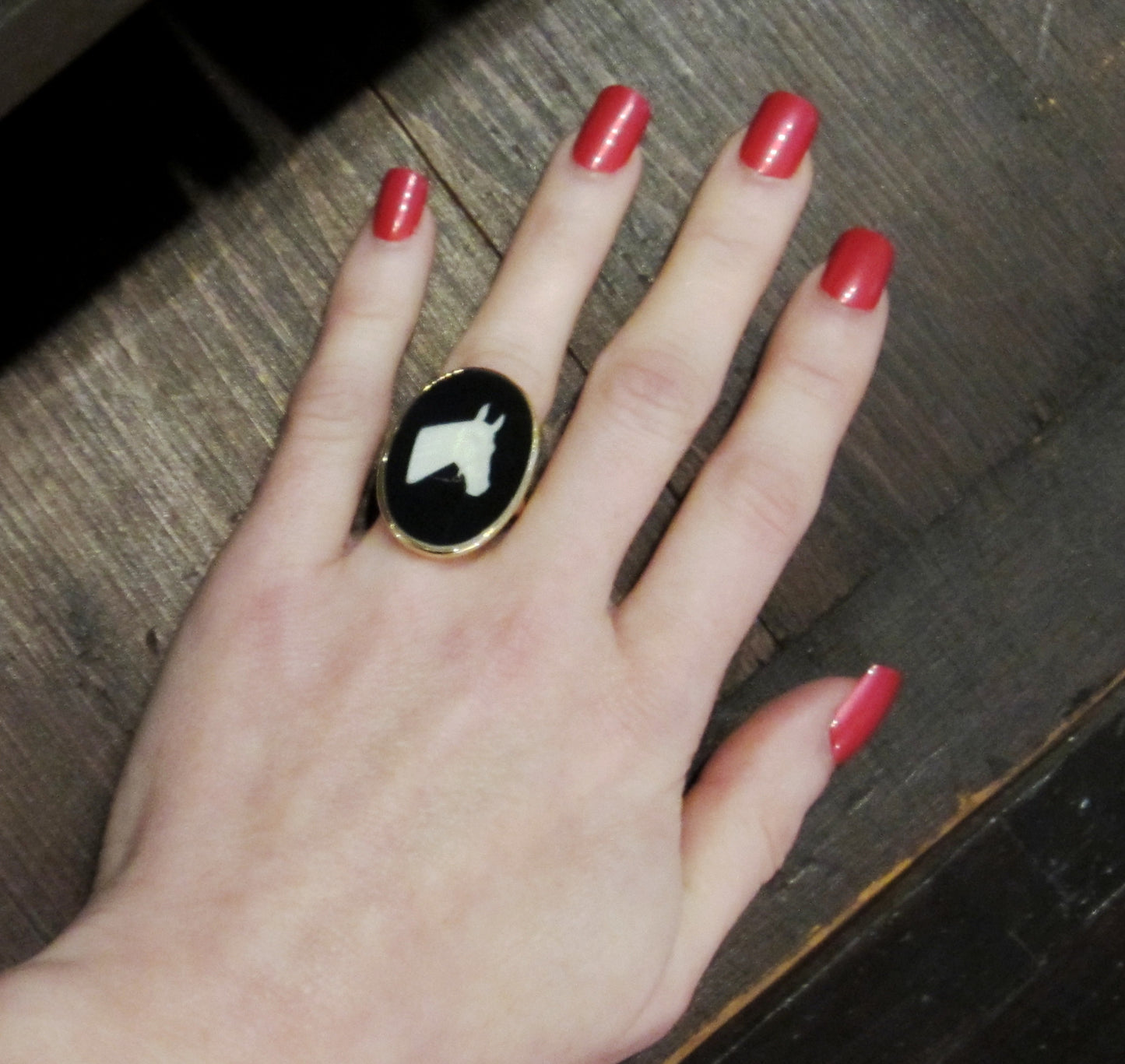 SOLD---Art Deco Onyx Horse Intaglio Ring 14k c. 1930