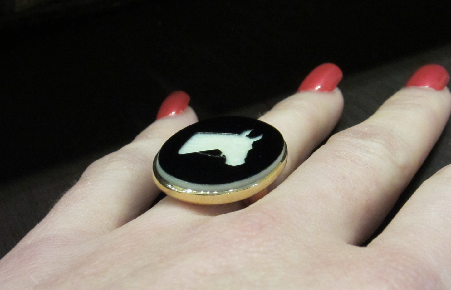 SOLD---Art Deco Onyx Horse Intaglio Ring 14k c. 1930