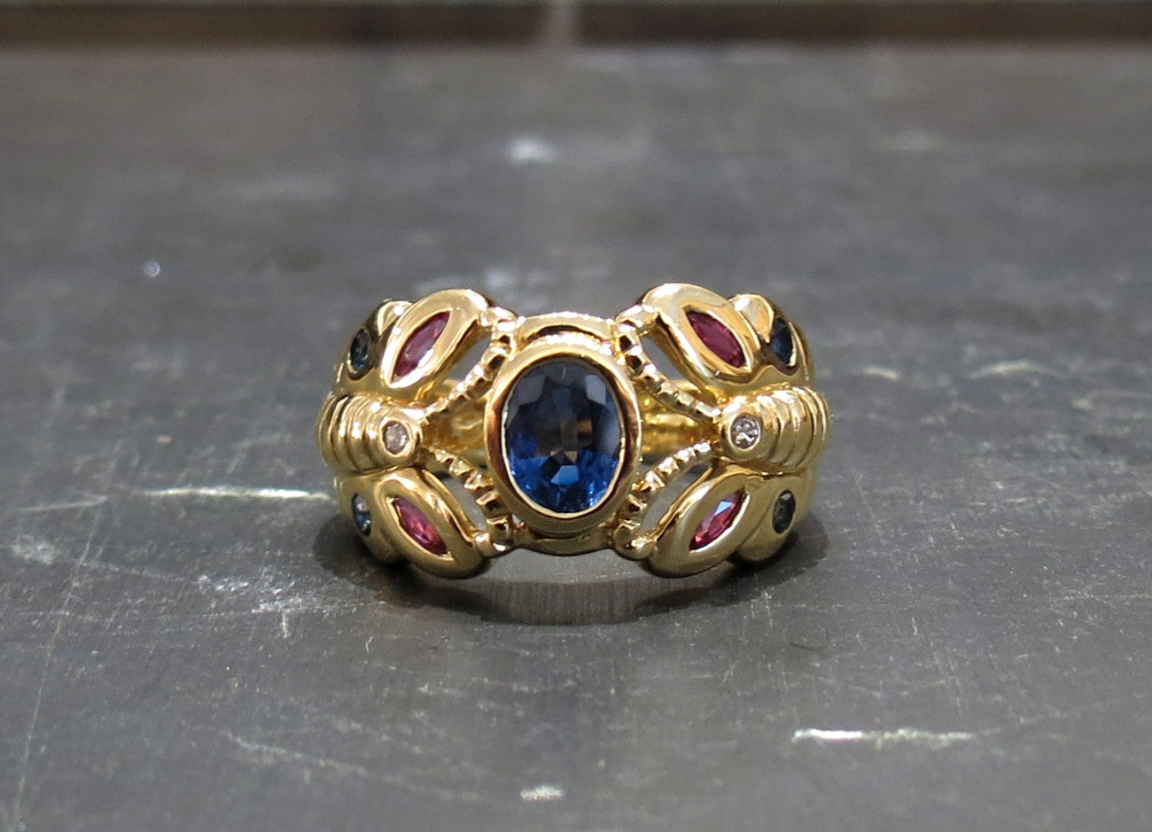 SOLD--Modernist Sapphire, Ruby and Diamond Butterfly Ring 18k, Italy c. 1980