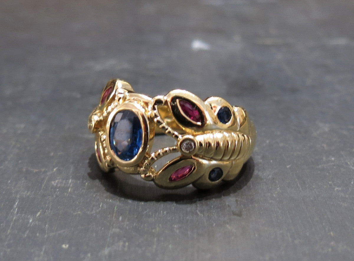 SOLD--Modernist Sapphire, Ruby and Diamond Butterfly Ring 18k, Italy c. 1980