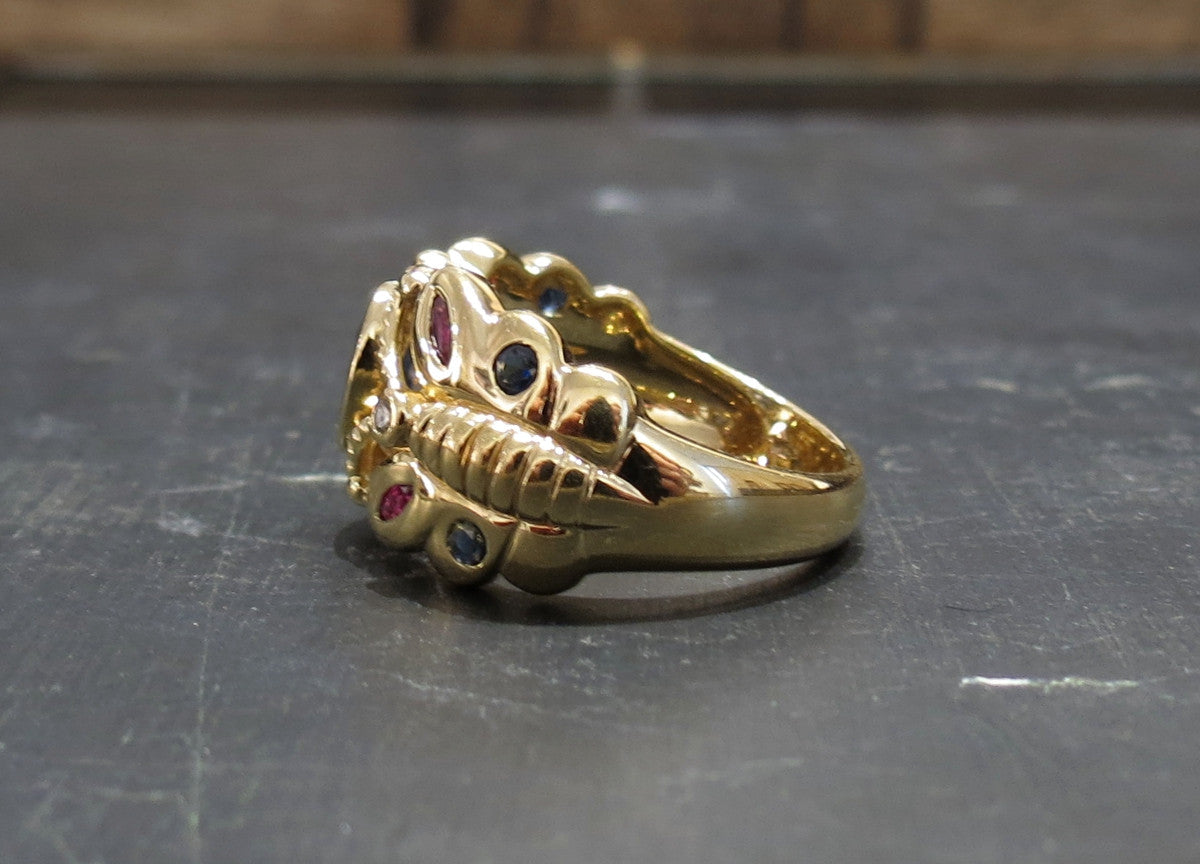 SOLD--Modernist Sapphire, Ruby and Diamond Butterfly Ring 18k, Italy c. 1980