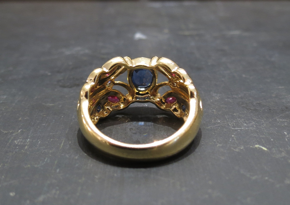 SOLD--Modernist Sapphire, Ruby and Diamond Butterfly Ring 18k, Italy c. 1980