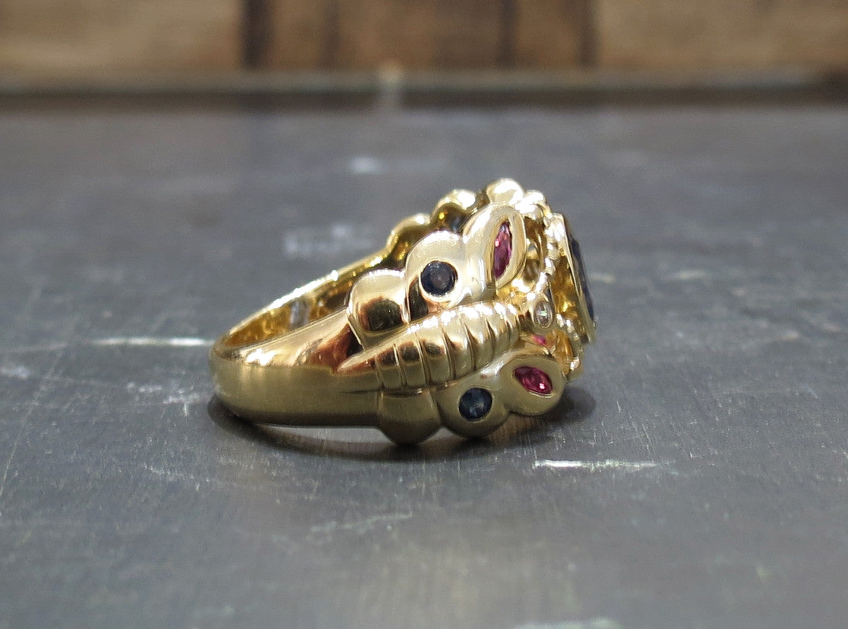 SOLD--Modernist Sapphire, Ruby and Diamond Butterfly Ring 18k, Italy c. 1980