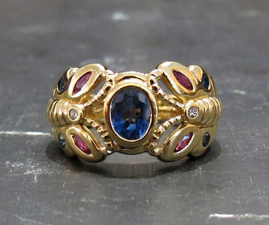 SOLD--Modernist Sapphire, Ruby and Diamond Butterfly Ring 18k, Italy c. 1980