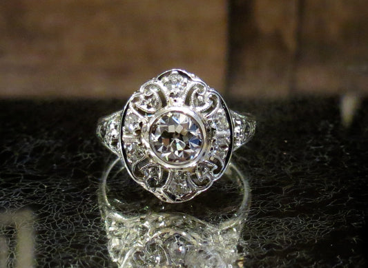 SOLD--Art Deco Old European .50ct Diamond Floral Filigree Ring 18k c. 1920