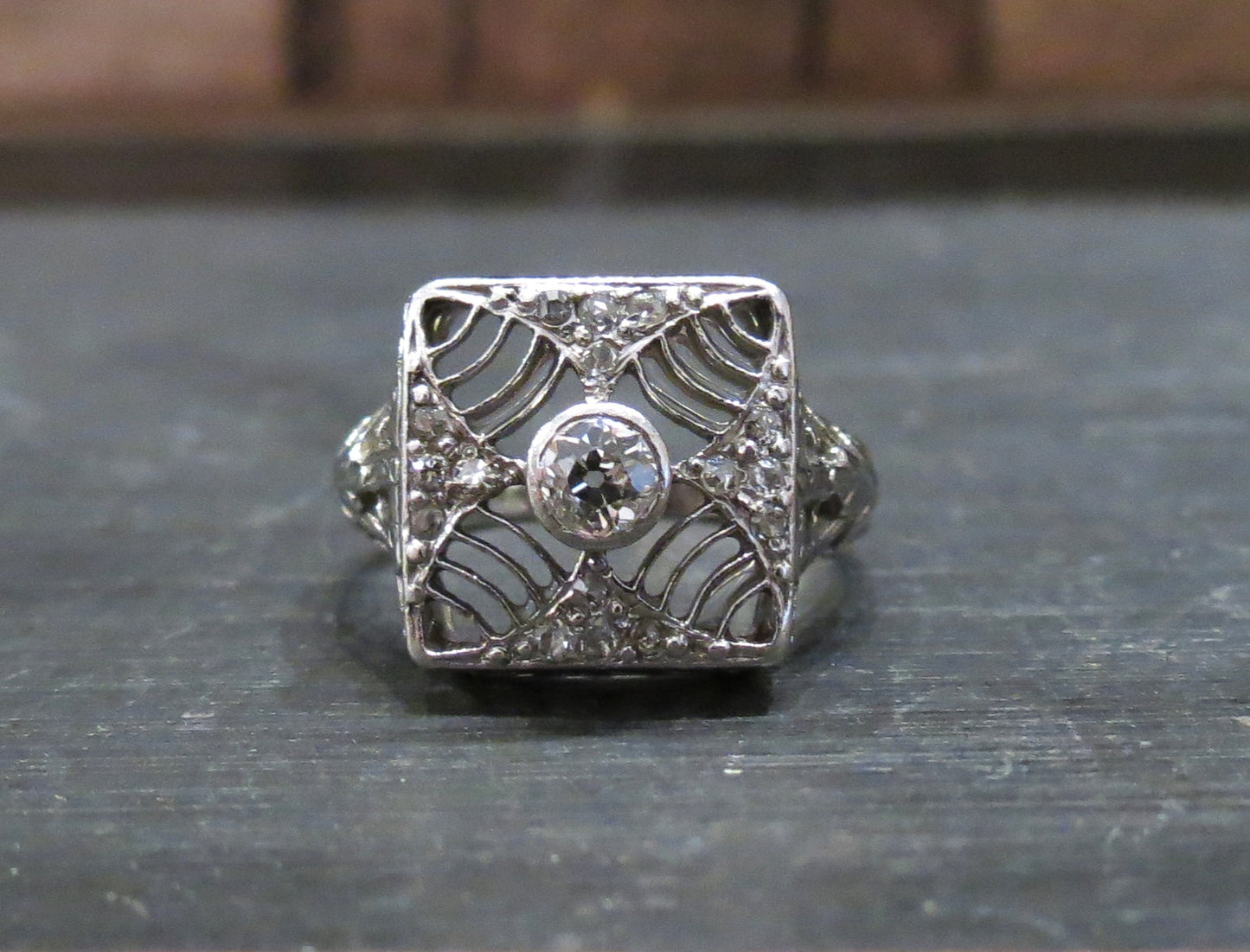 SOLD--Art Deco Old European Diamond Square Filigree Ring 18k c. 1920