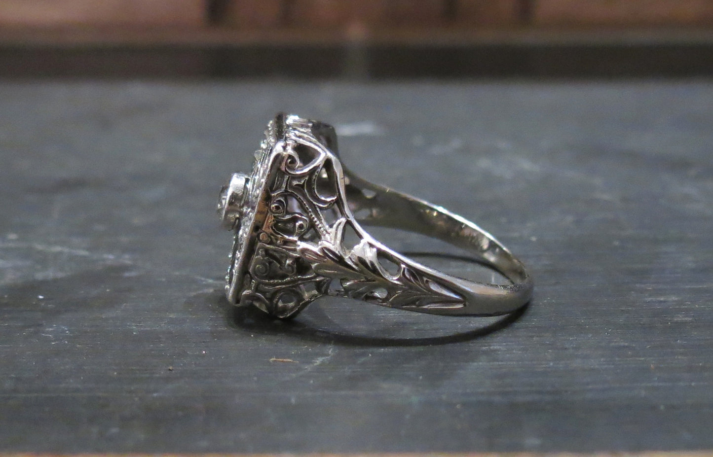 SOLD--Art Deco Old European Diamond Square Filigree Ring 18k c. 1920