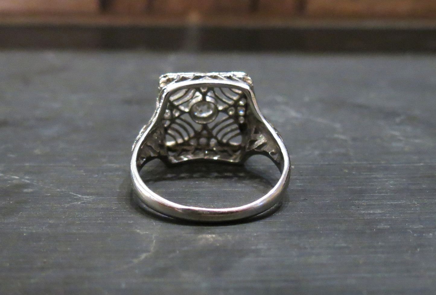 SOLD--Art Deco Old European Diamond Square Filigree Ring 18k c. 1920