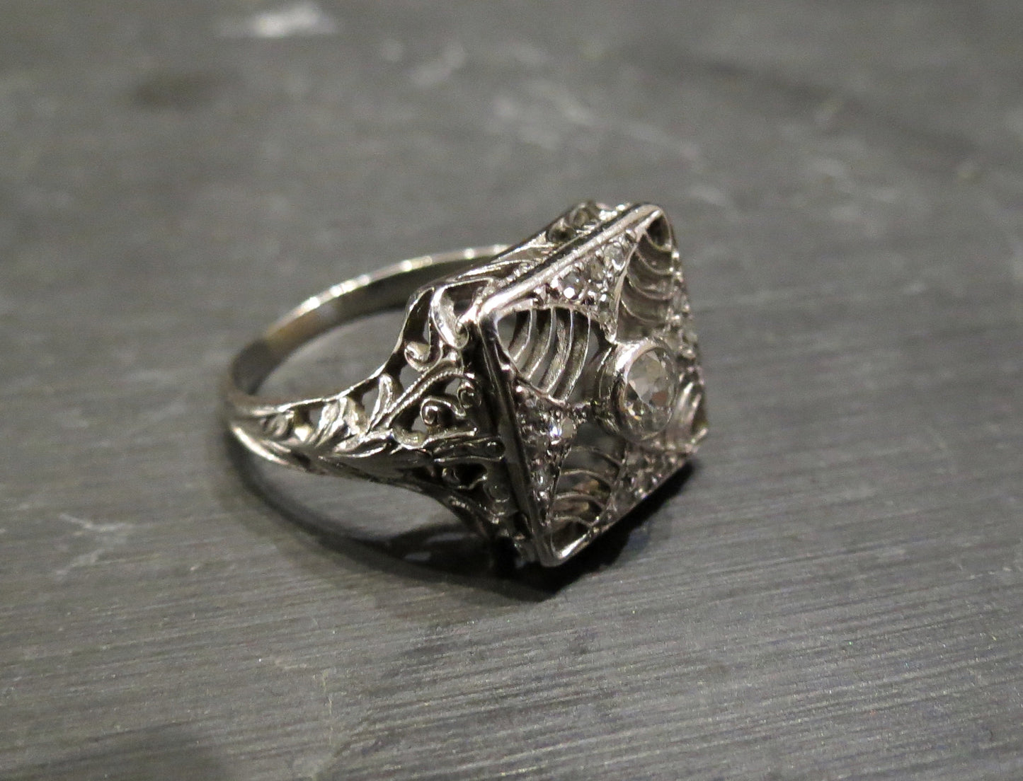 SOLD--Art Deco Old European Diamond Square Filigree Ring 18k c. 1920