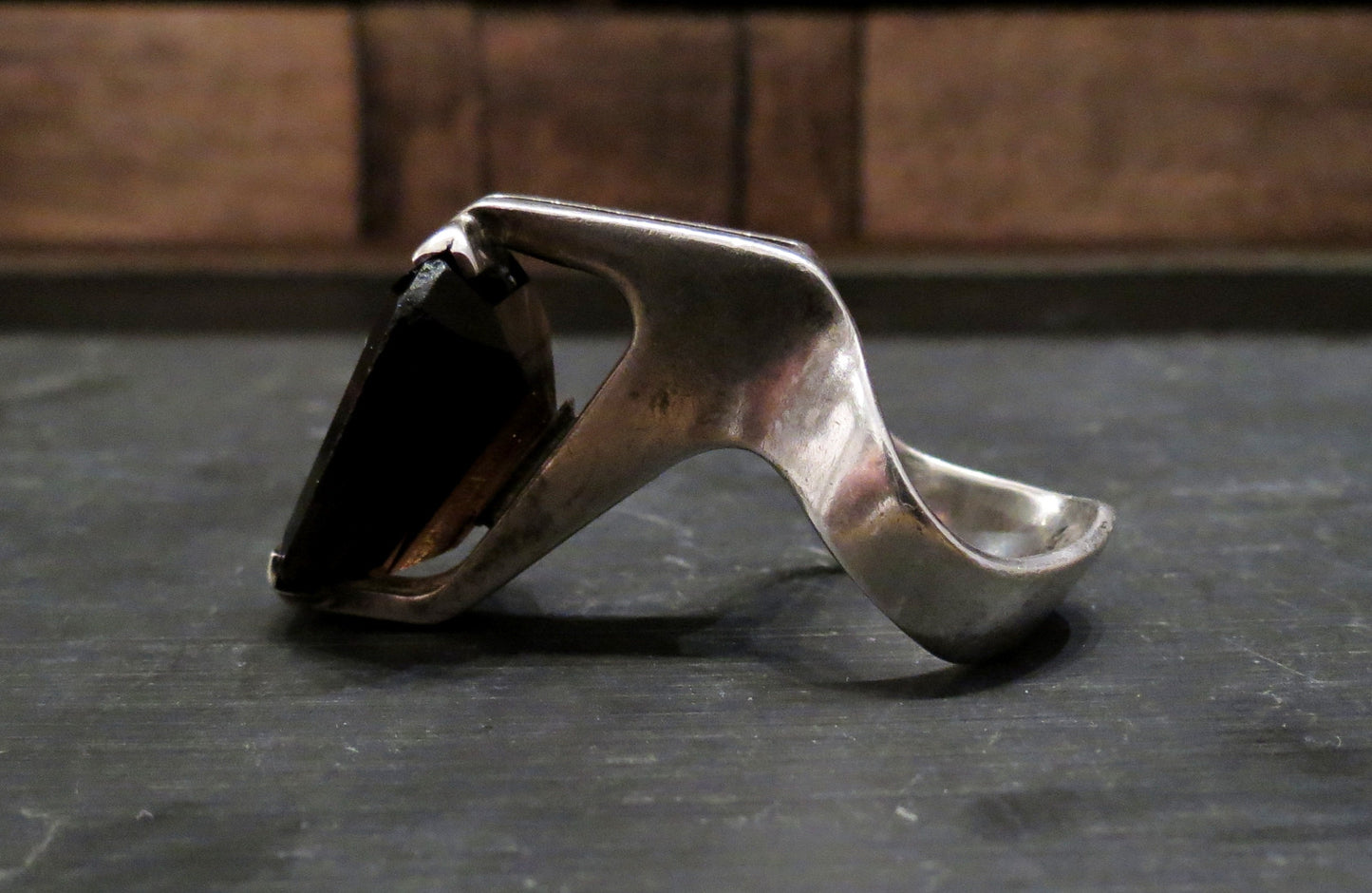 SOLD--Modernist Smoky Quartz Sculptural Ring Sterling, R. Wolf c. 1970