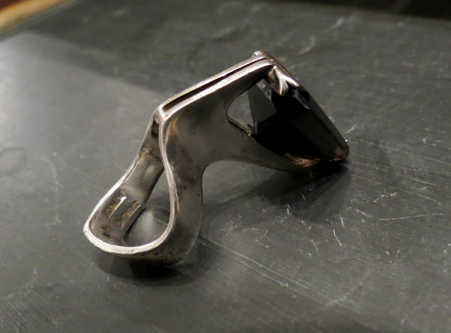 SOLD--Modernist Smoky Quartz Sculptural Ring Sterling, R. Wolf c. 1970