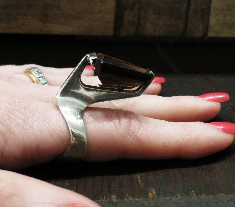 SOLD--Modernist Smoky Quartz Sculptural Ring Sterling, R. Wolf c. 1970