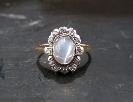 SOLD--Art Deco Moonstone and Diamond Ring 14k c. 1930