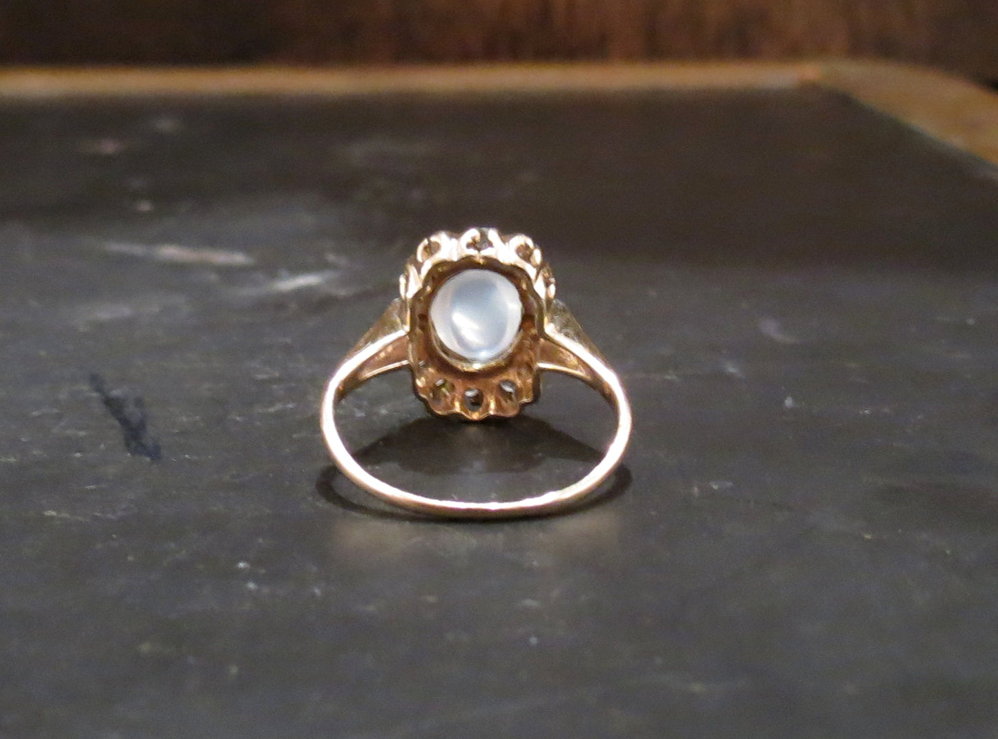 SOLD--Art Deco Moonstone and Diamond Ring 14k c. 1930