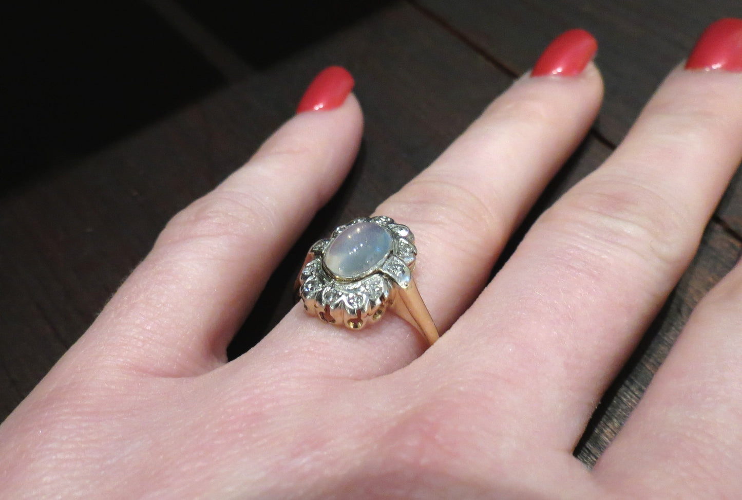 SOLD--Art Deco Moonstone and Diamond Ring 14k c. 1930