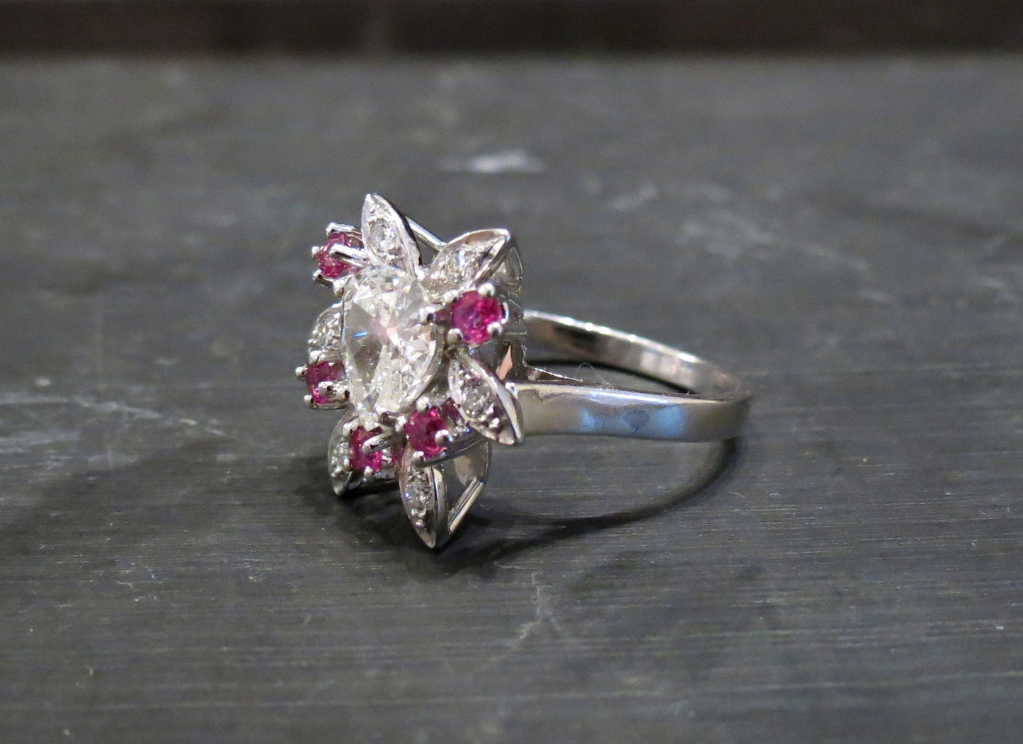 SOLD--Mid-Century Pear Shape .90ct Diamond and Ruby Ring Platinum c. 1950