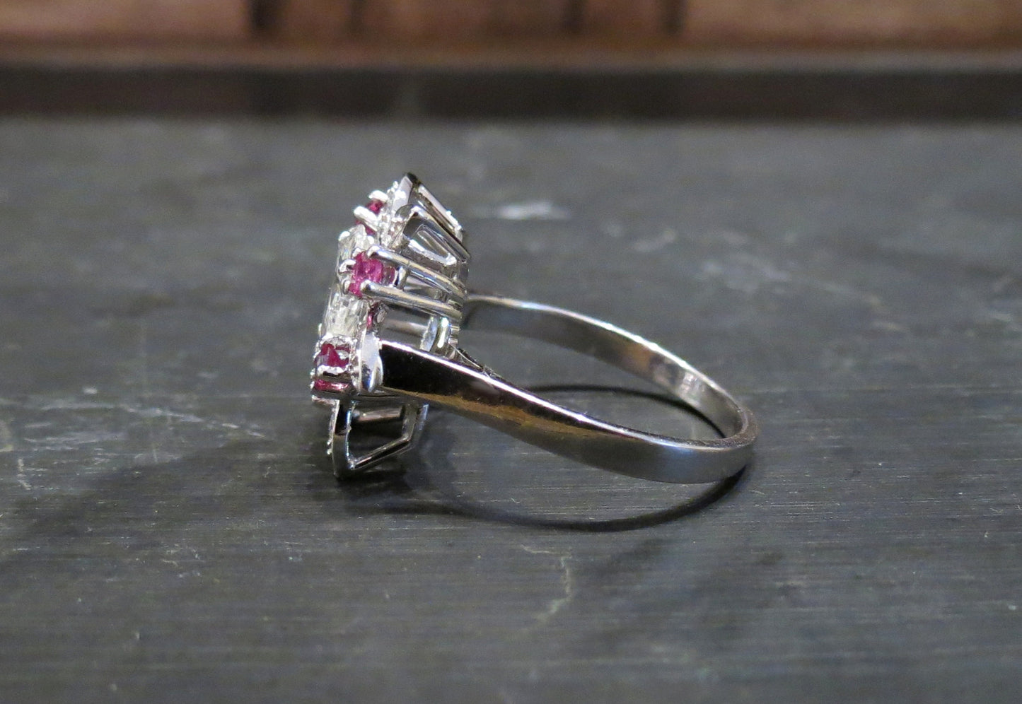 SOLD--Mid-Century Pear Shape .90ct Diamond and Ruby Ring Platinum c. 1950